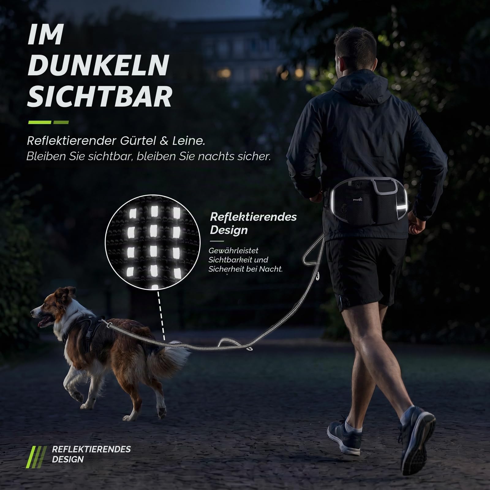 Pecute Joggingleine Hunde mit Mehrere Taschen Bauchgurt, Hundeleine 1.6-2.5M bis zu 30 kg, Stoßfest, Bequem, Reflektierende Nähte, ideal zum Laufen, Joggen und Gehen