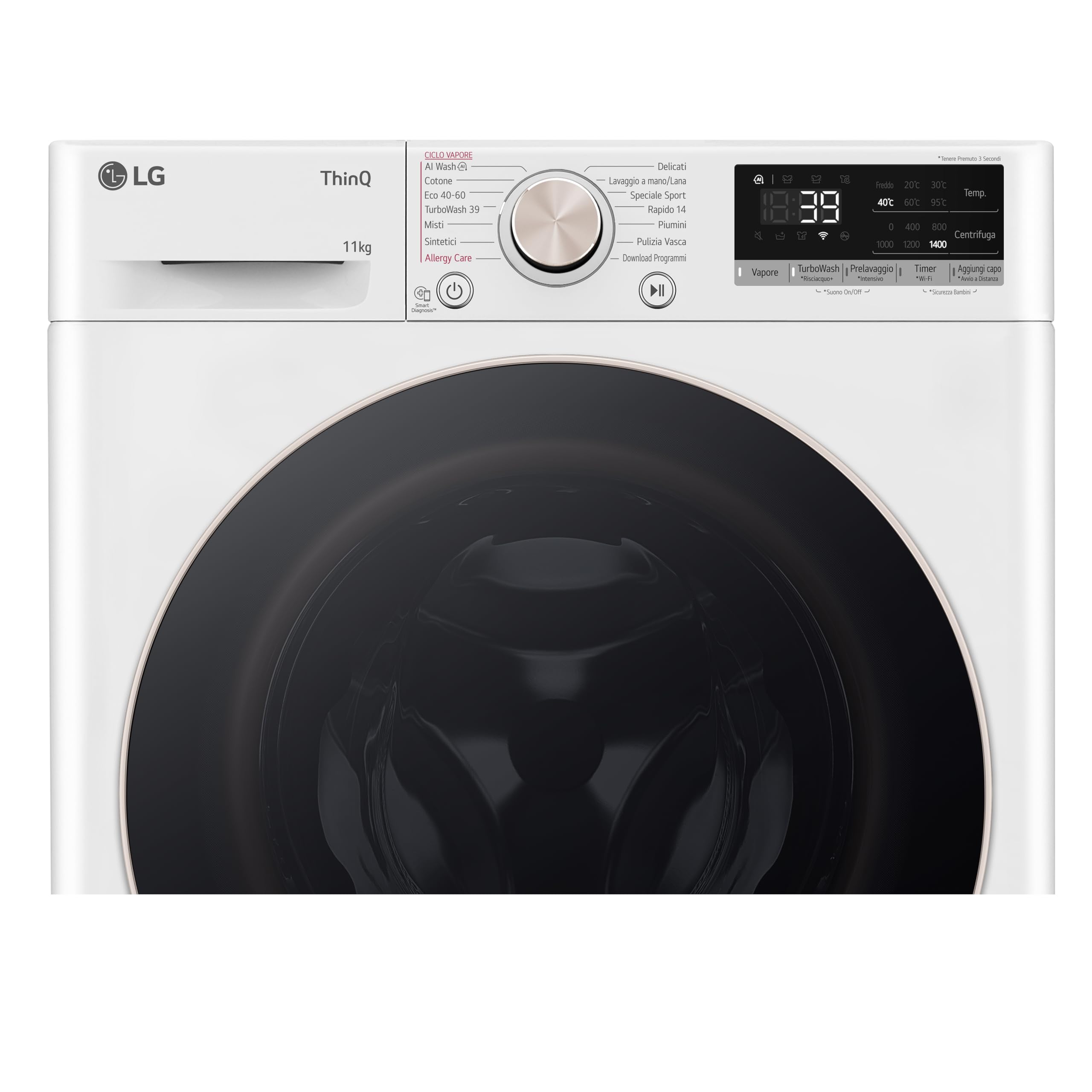 LG AI DD F4R7011TSWG Lavatrice 11kg, a Carica Frontale, Serie R7, Lavatrice Classe A -10%, 1400 giri, TurboWash 360, Vapore su 7 Programmi, Wi-Fi, Libera installazione, Bianco