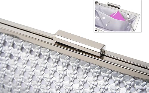 Miniatura 4 de Bolso de mano tejido para mujer con cadena desmontable, elegante bolso de noche para fiestas, bodas y cócteles Plateado