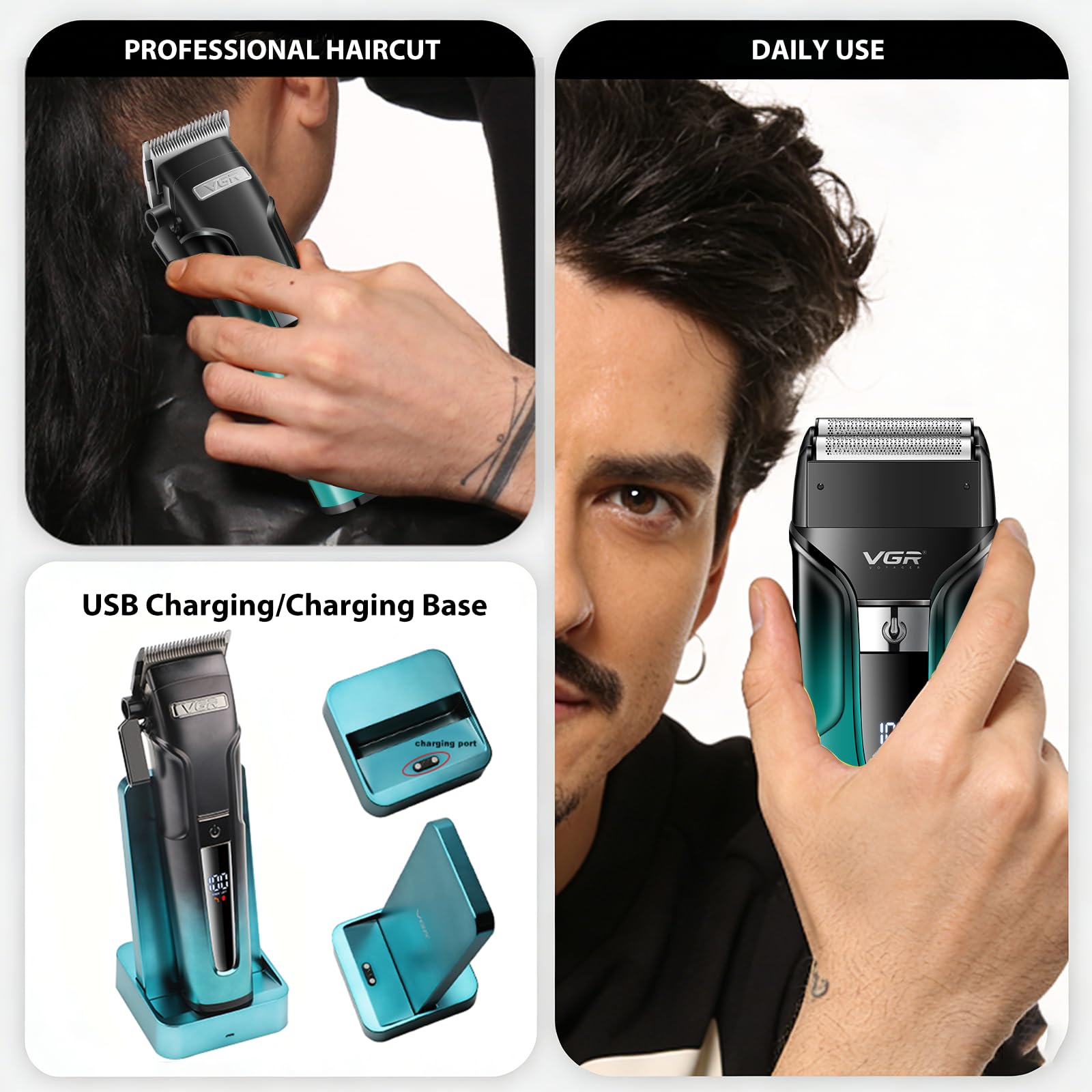 VGR 694 - Tagliacapelli da uomo, set professionale di tagliacapelli e trimmer da barbiere, kit da taglio dei capelli senza fili per uomini con rasoio a lamina, base di ricarica e display LED, verde