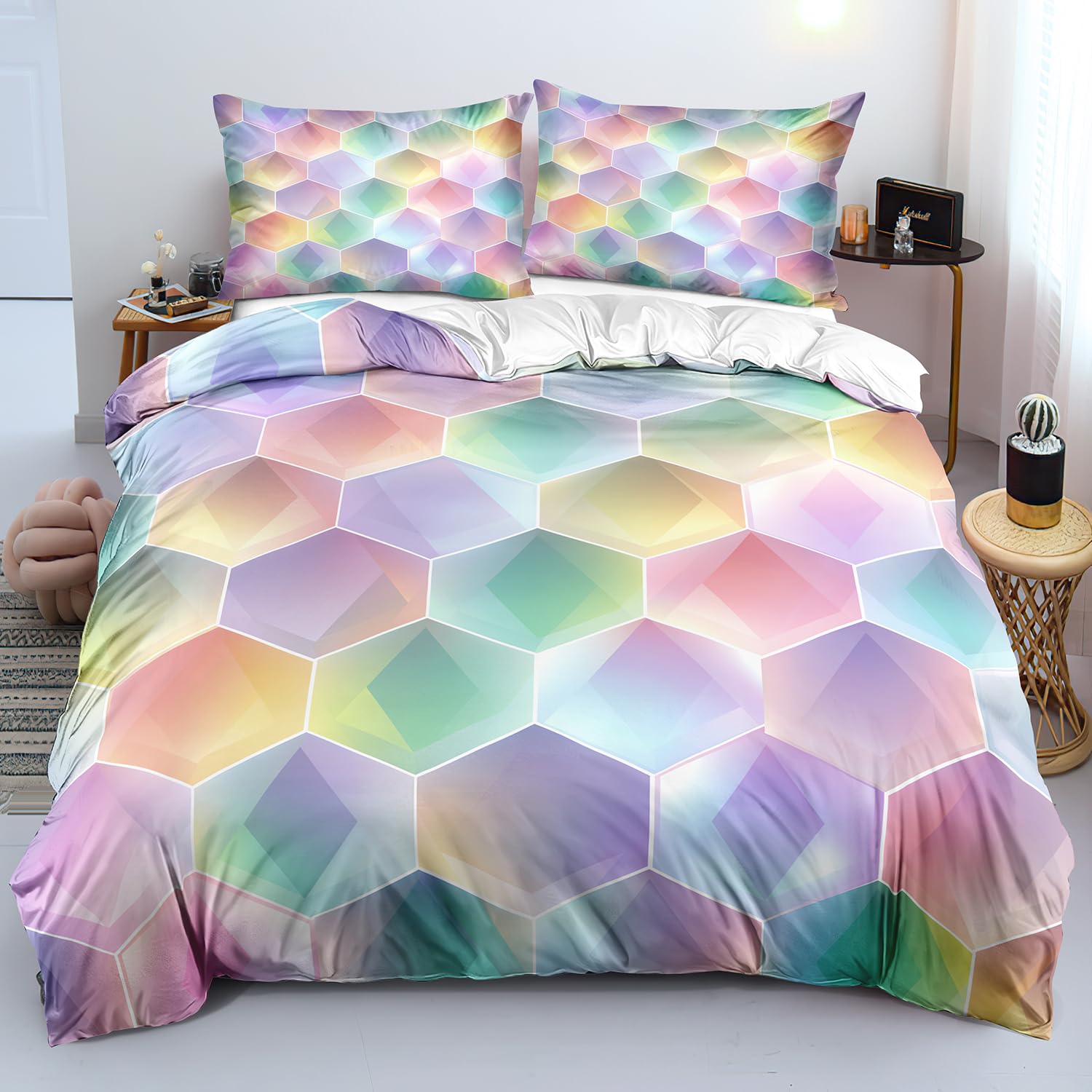 Housse de couette 240x220 moderne avec motif patchwork hexagonal dégradé