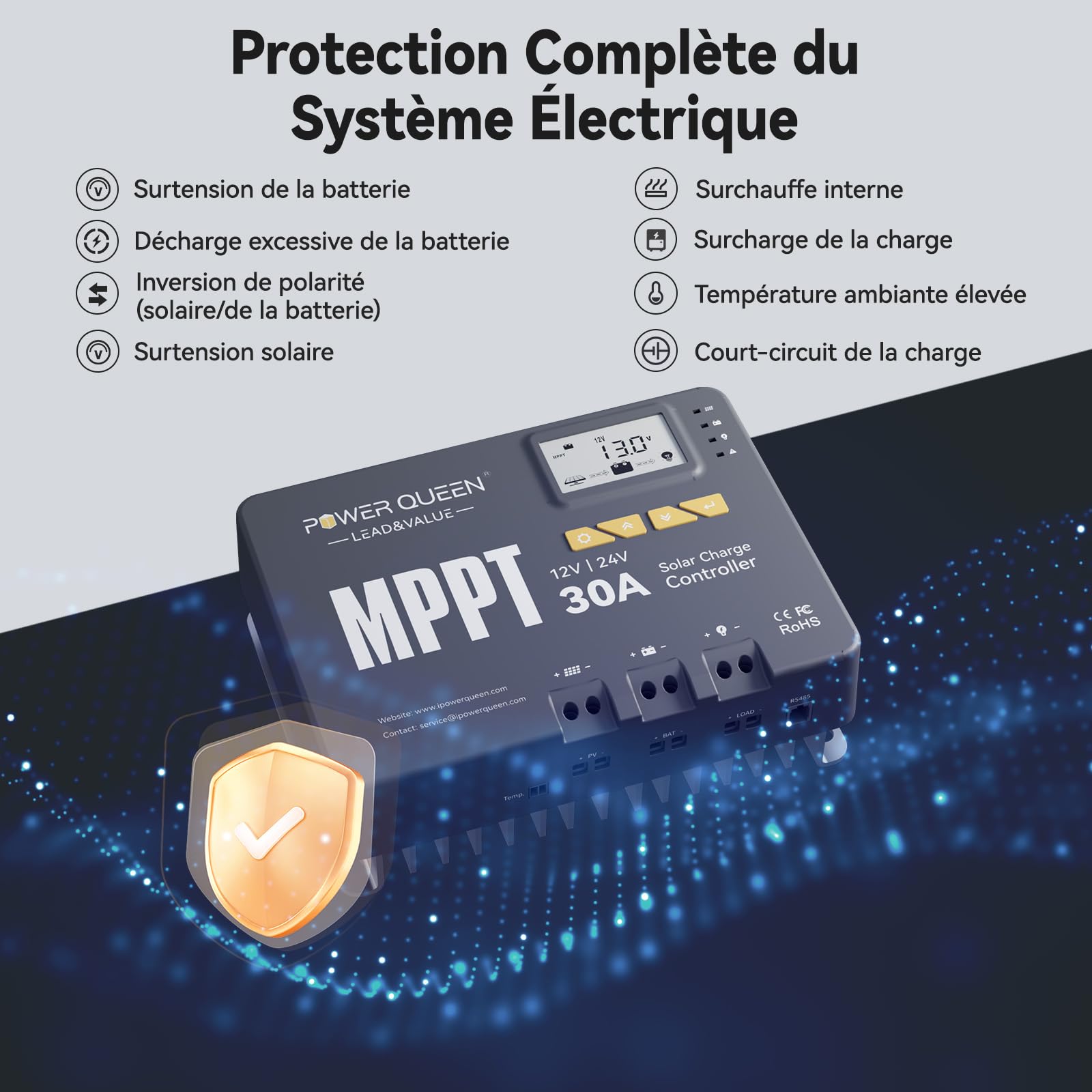 Power Queen Régulateur de charge solaire MPPT 12/24 V 30 A 900 W max, module Bluetooth, écran LCD, standard pour batterie LiFePO4, compatible avec batteries de | Puissance d'Entrée Maximale 900W,Module Bluetooth Intégré,Écran LCD,pour batterie LiFePO4 et