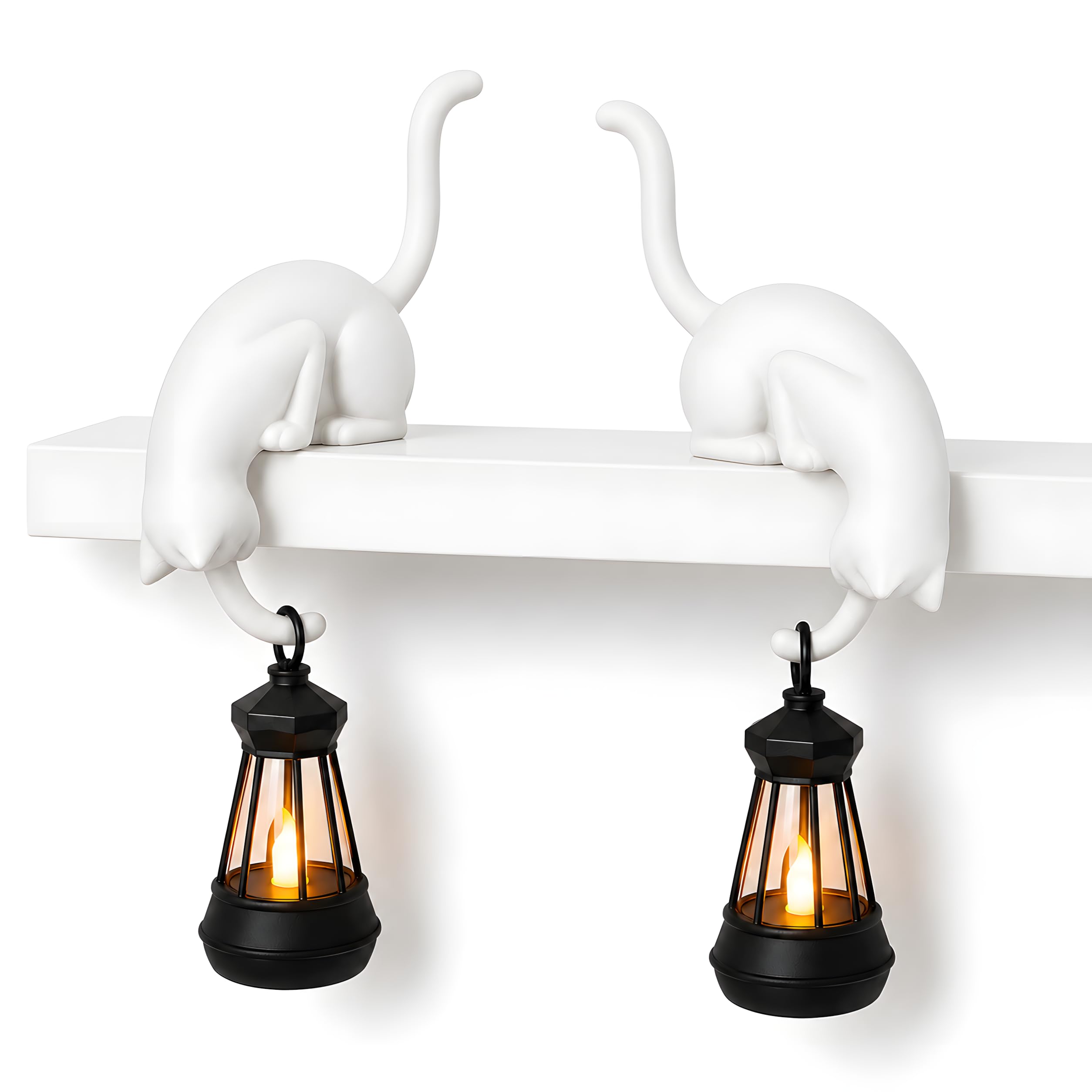 Cat with Lantern Shelf Decor, 3D Printed Bookshelf Ornament with Hanging LED Light and Key Hook for Desk Edge, Gift for Cat Lovers (White * 2)