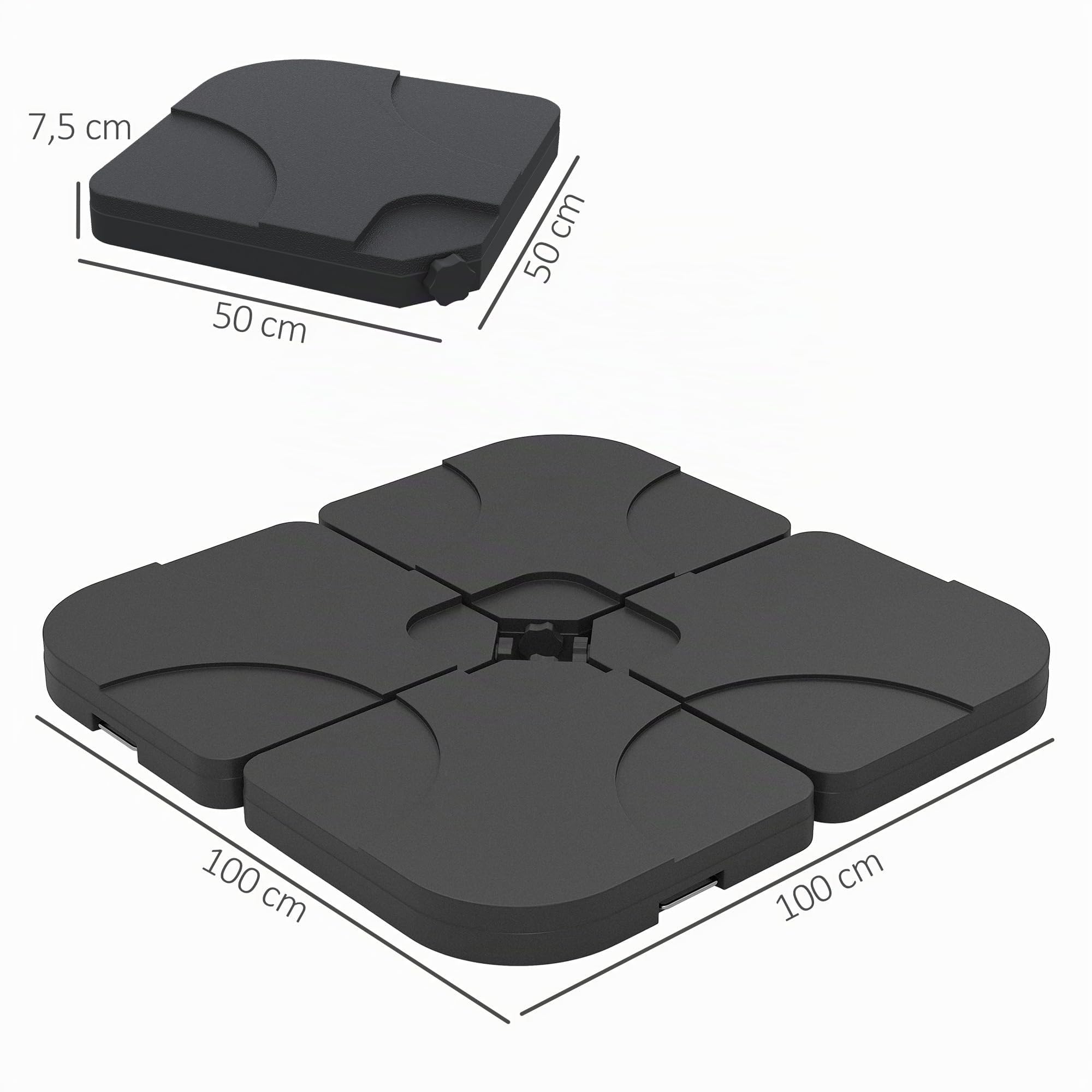 Outsunny Lot de 4 Pied de Parasol Poids de lestage carré avec poignée pour Parasol A remplir d'eau jusqu'à 60 kg ou de Sable jusqu'à 72 kg 50 x 50 x 8 cm polyéthylène Haute densité Noir