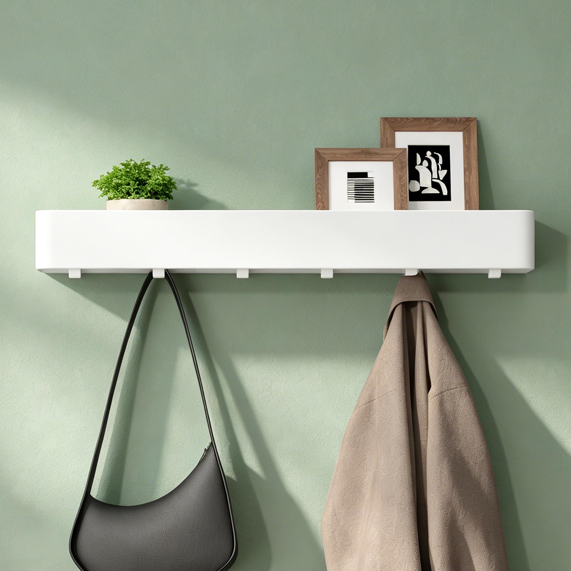 Mai & Mai Wandgarderobe mit Ablage und 6 Haken, Garderobenleiste 60 cm zur Wandmontage, Kleiderhaken für Flur, Badezimmer oder Küche, multifunktionale Garderobe, Sandweiß Reglo-05