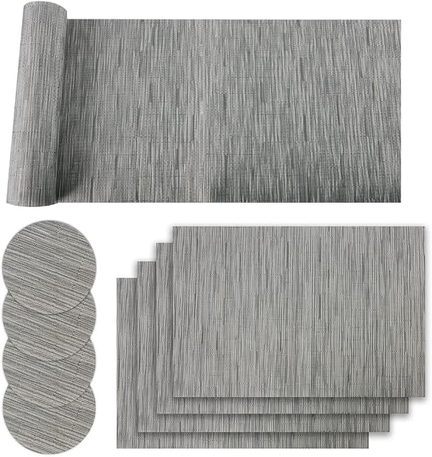 ZENO Placemats Table Mats | 9 Piece Set with 4 x Placemats + 4 x Coasters + 1 x Long Table Mat | Resistant Anti Slip Table Place Mats and Coaster Sets for Home | Restaurant | Grey