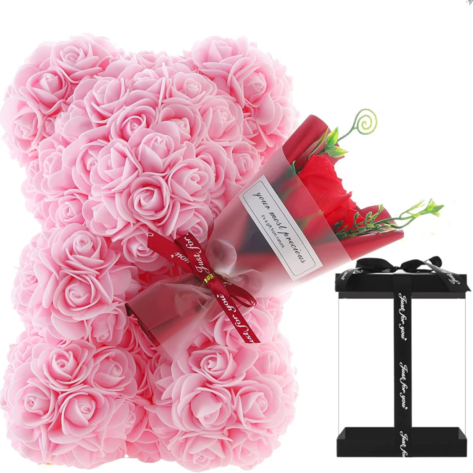 Ch Hiubie Pink+Gift Box Rose Bear Rose Teddy Bear Flower Gift Box For Valentine's Day Anniversary Mother's Day Christmas Birthdays Bridal Showers Fully Handmade (, 1)