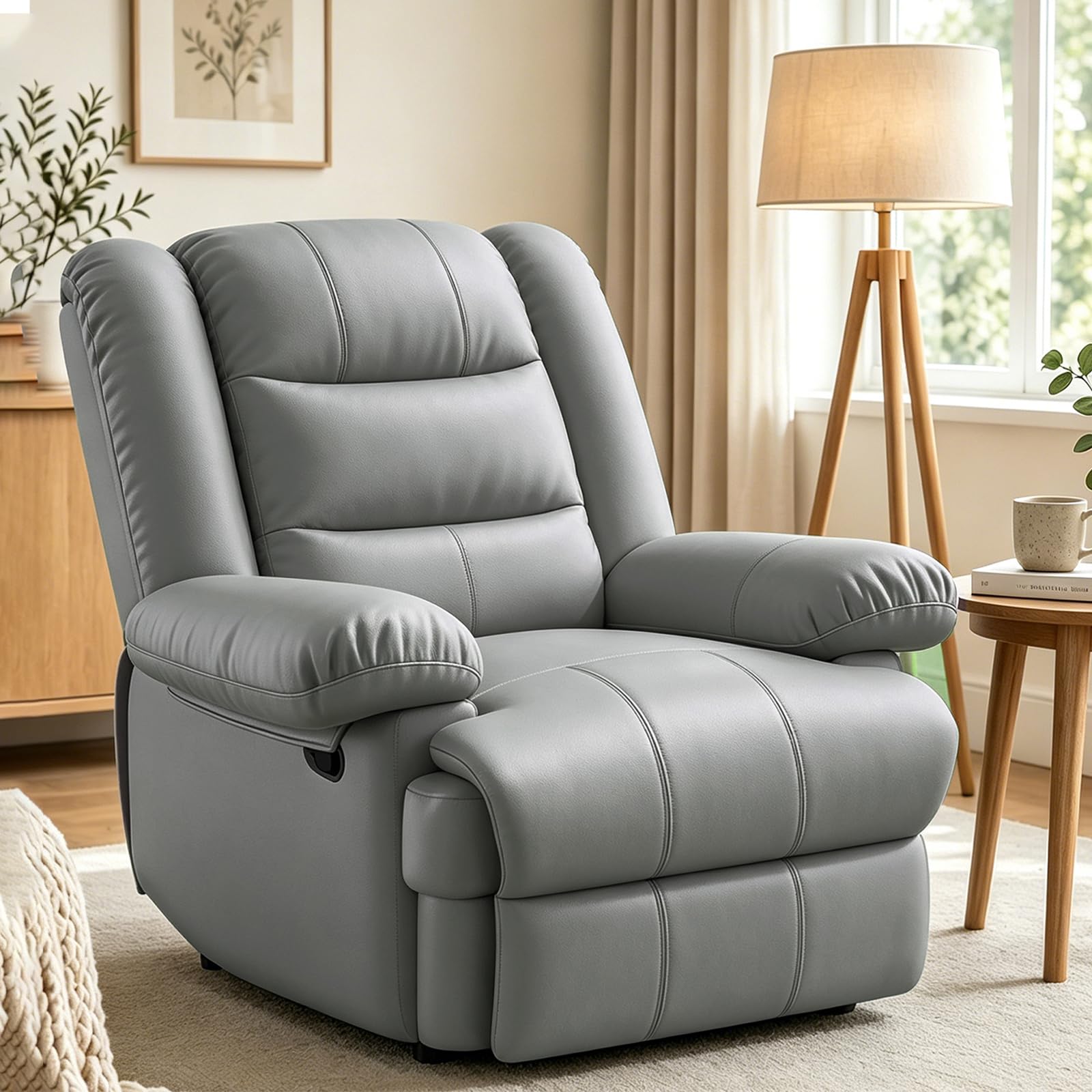 Hamlody Recliner Armchair Reclining Chair, Padded PU Leather Lounge Sofa with Manual Adjustable Legrest & Backrest for Living Room Bedroom Home Theater, Grey