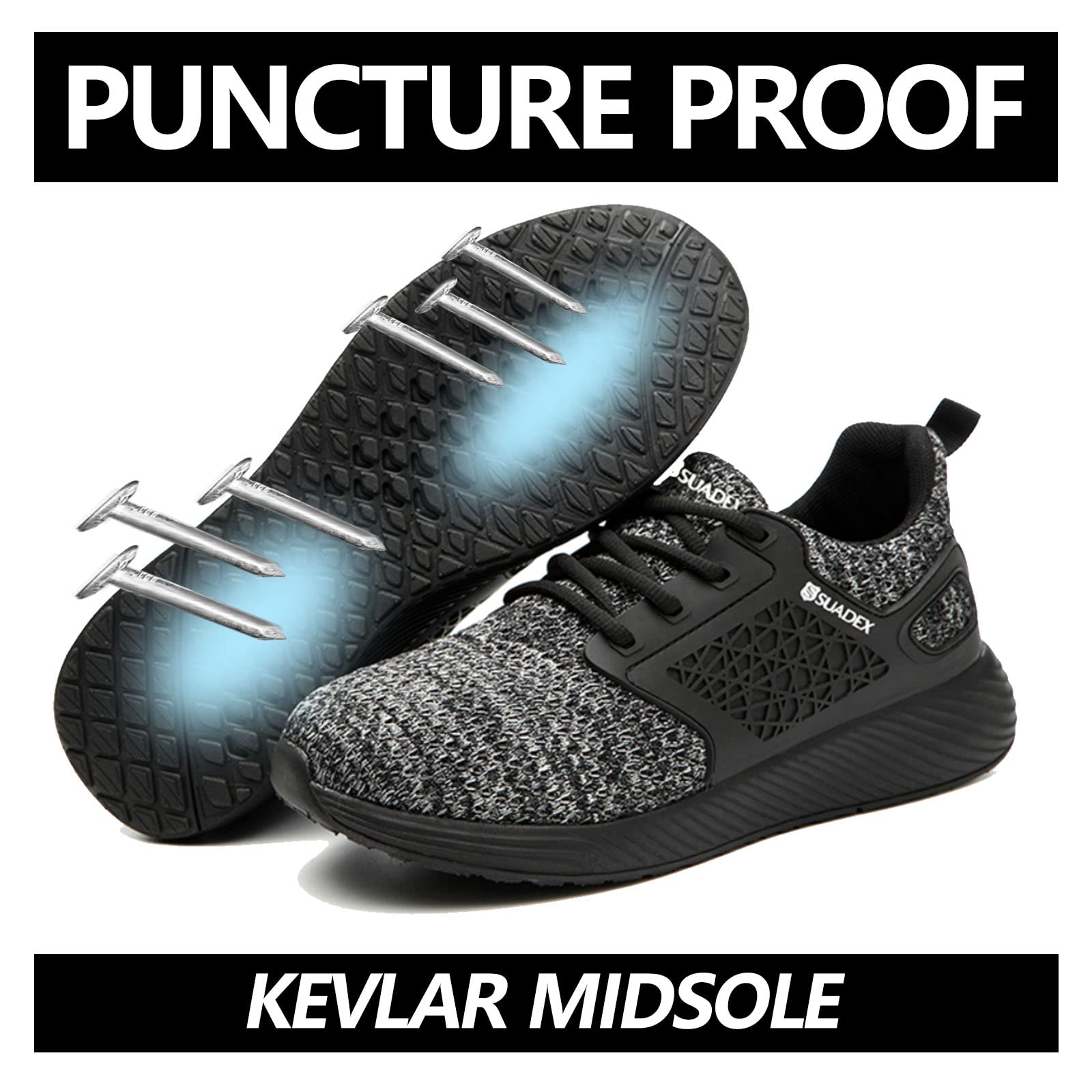 SUADEX Steel Toe Sneakers for Men Women Indestructible Work Shoes Lightweight Comfortable Safety Sneakers Slip-Resistant Composite Toe Shoes for Construction