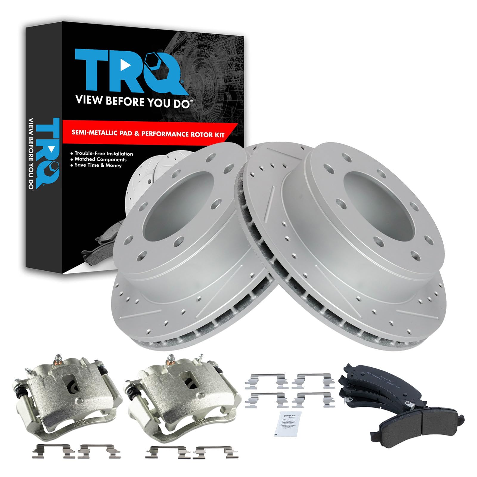 TRQ Rear Metallic Pads Performance Rotors &amp; Calipers Kit for Express 2500 3500 Savana 2500 3500 Van
