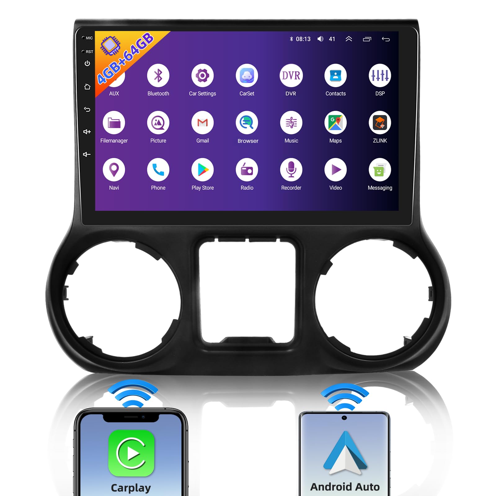 Photo 1 of Octa Core 10.1 Inch Android 13 Carplay Car Stereo with 4G+64G for Jeep Wrangler JK 2015 2016 2017, Wireless Apple CarPlay/Android Auto, 36 Bands EQ DSP, Built-in GPS Voice Control