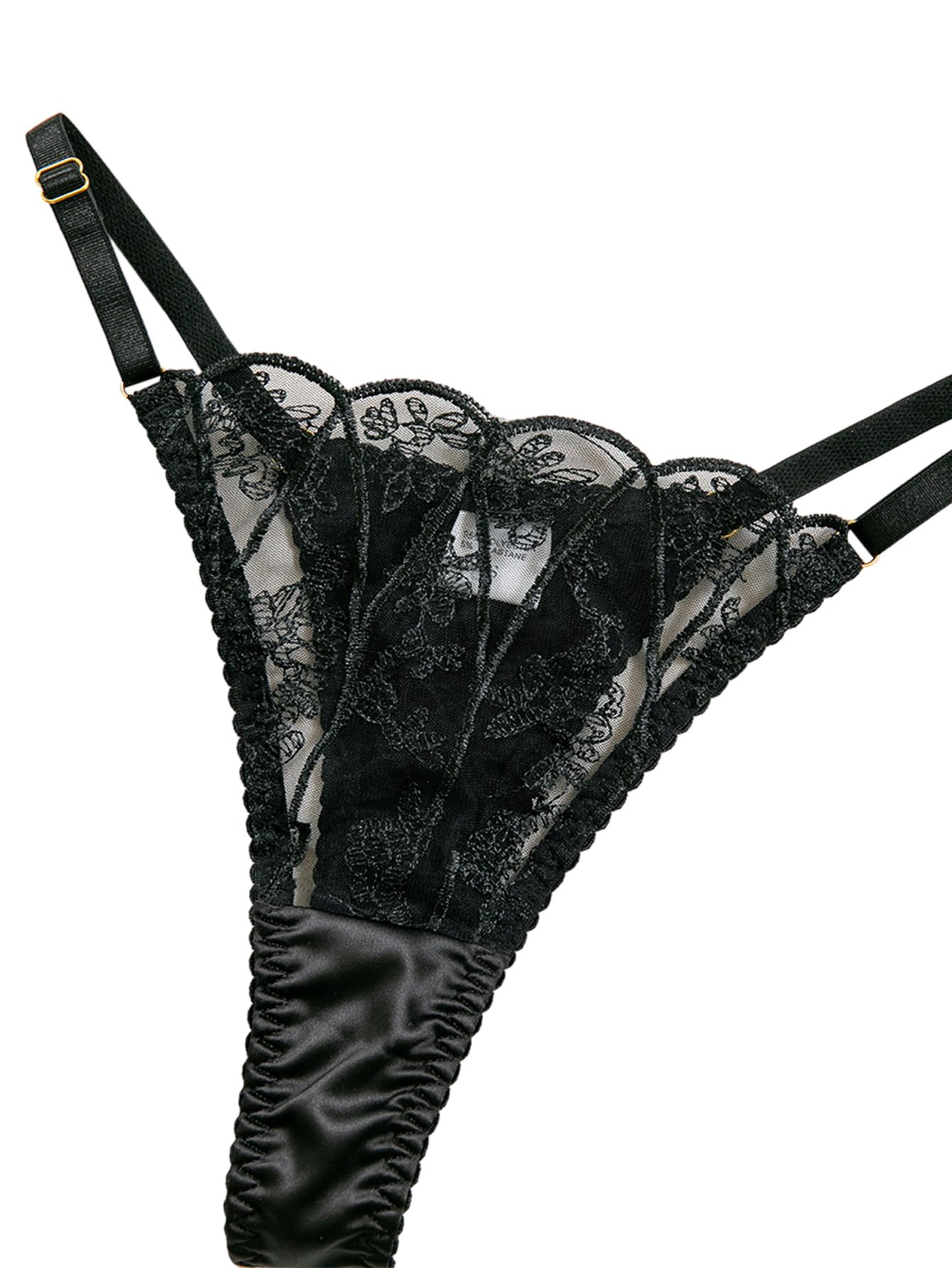 Lilosy Sexy Satin Mesh Floral Sheer Embroidered Underwire Lingerie Set 2 Piece Women