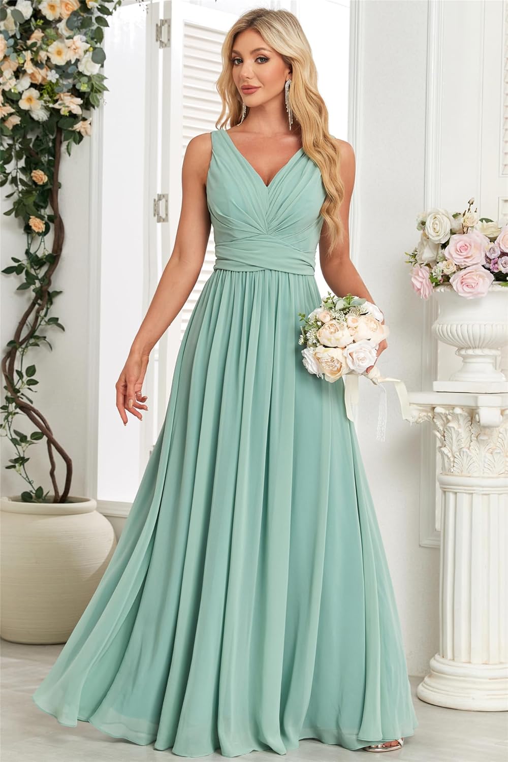 Womens Bridesmaid Dresses Long - Sleeveless V-Neck A Line Chiffon Bridesmaid Dress