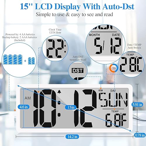 Miniatura 4 de Reloj de pared digital grande de 14.2 pulgadas, despertador digital para dormitorio, funciona con pilas, reloj digital con pantalla grande con