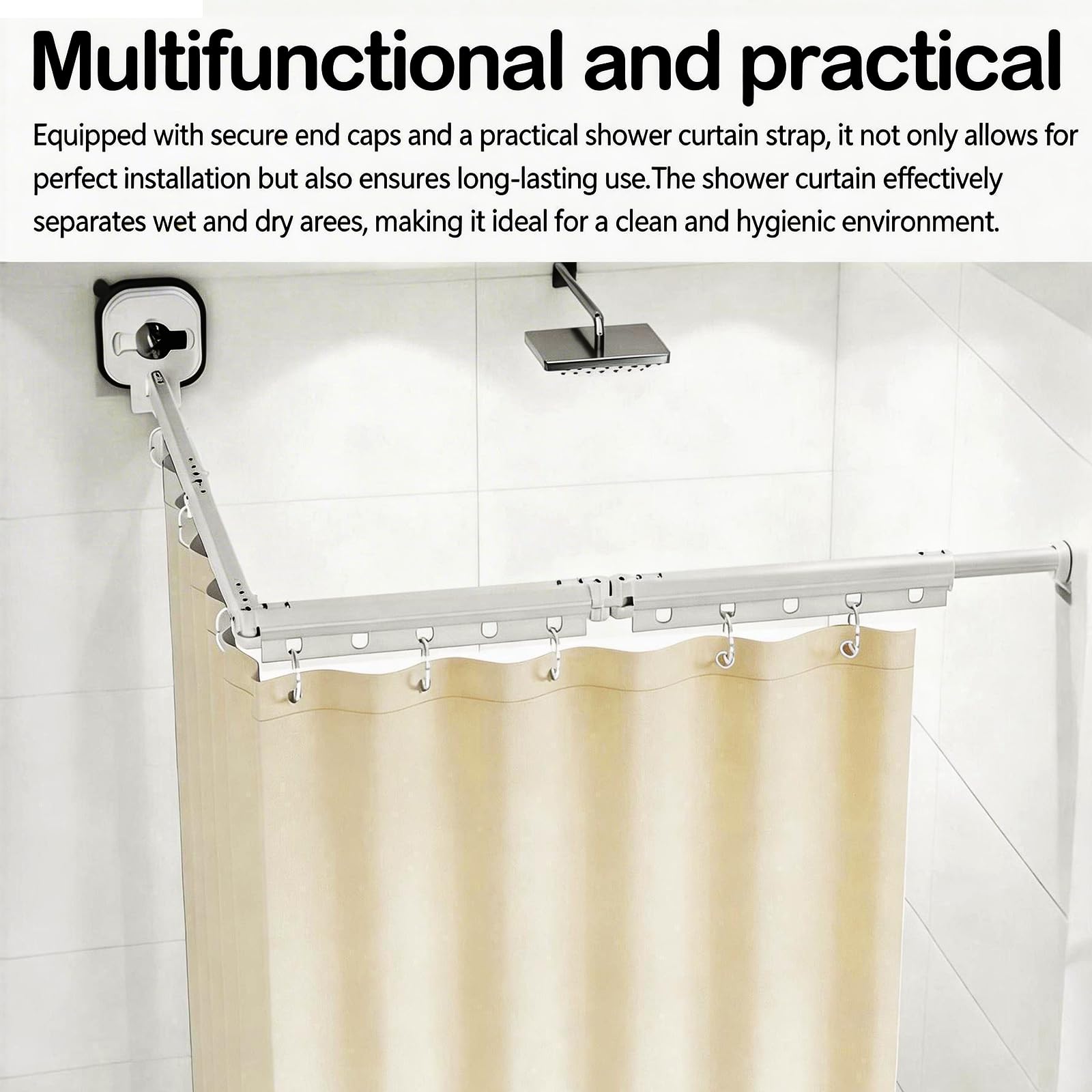 Barra De Cortina De Ducha Plegable, 4 Pliegues Barras Juego cortina de ducha Barras Con Ventosa 1,8 X 2,0M Impermeable Sin Taladros Barra De 162 Cm Forma L/U Escalera Recta (Blanco, 4 Pliegues)