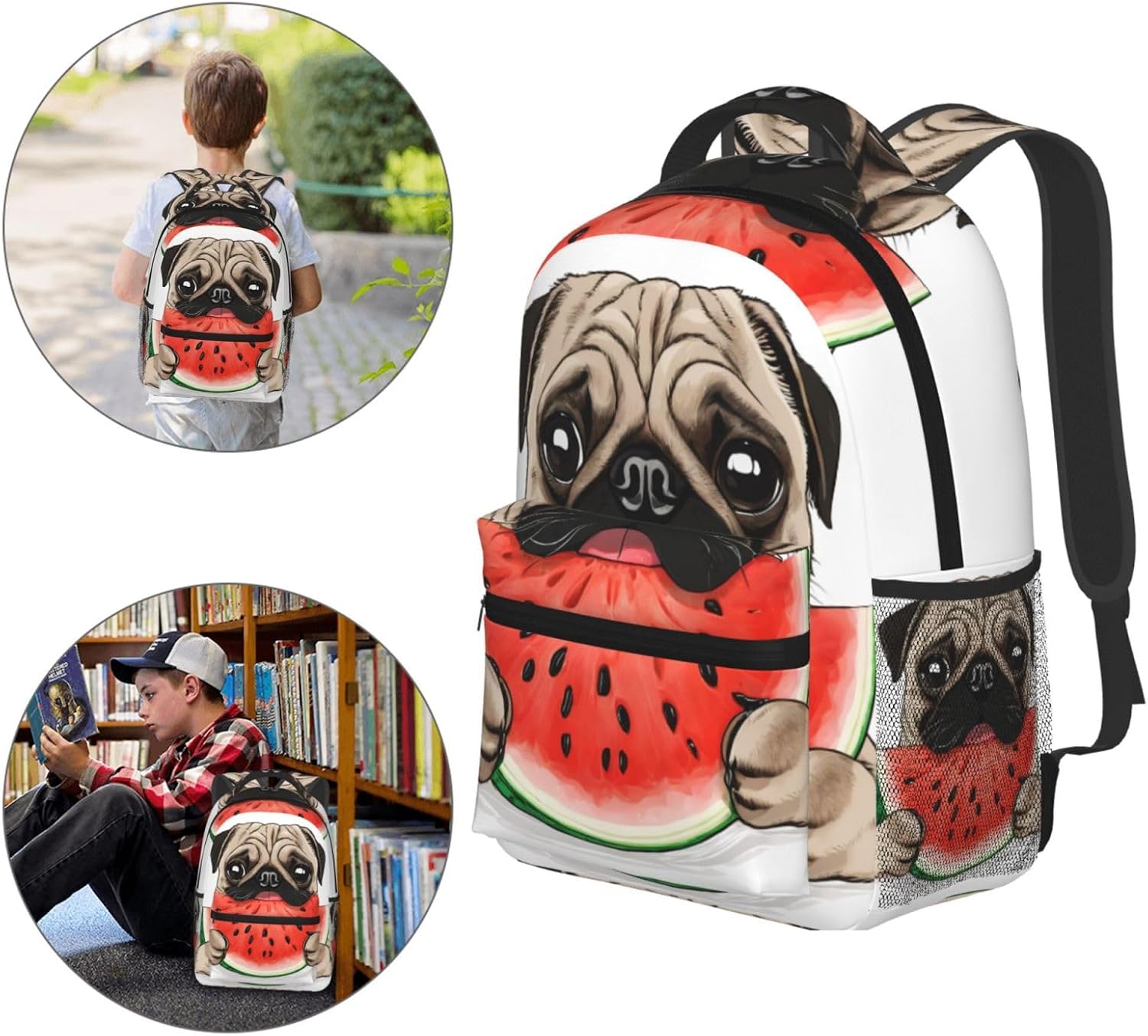 Girls Watermelon Pug Backpack Bookbag 16 Inch Shoulder Bag Casual Daypack For 1-5th Grade