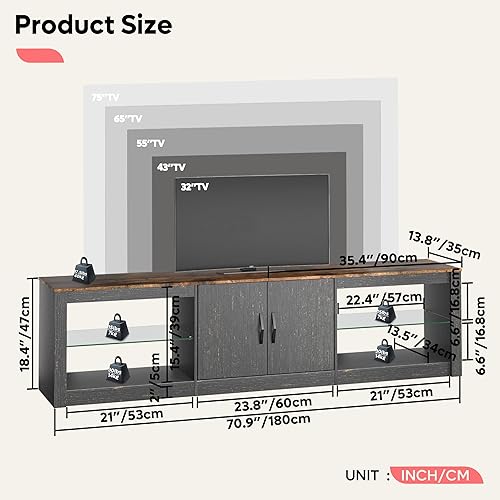 Miniatura 46 de Bestier soporte RGB para televisión de más de 65 pulgadas, centro de entretenimiento para videojuegos, consola LED con 2 estantes de vidrio, para