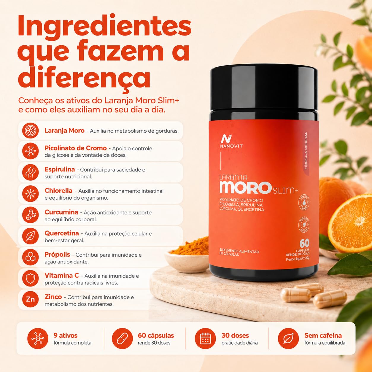 Laranja Moro Slim+ Nanovit 120 Cápsulas 9 Ativos Cromo 714% VD