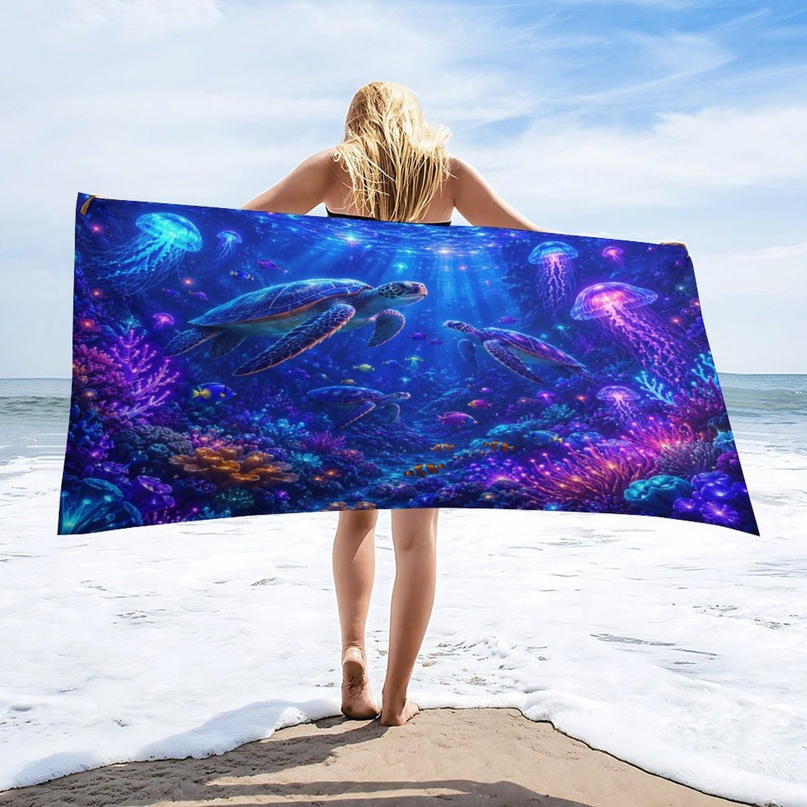Anceky Colorful Sea Turtles and Jellyfish Underwater Scene Beach Towel 32"×63",Soft Microfiber Bath Towel Shawl, Quick Dry Absorbent Pool Spa Gym Shower Towel