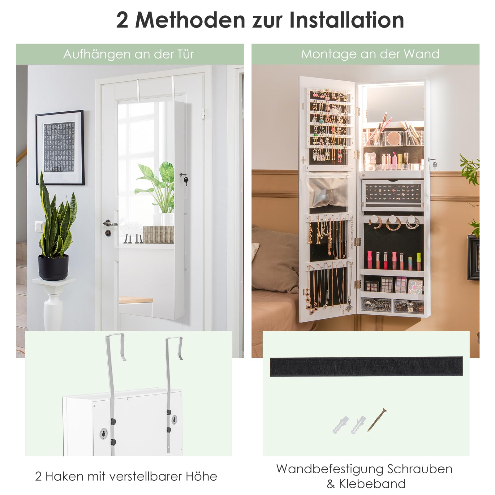 COSTWAY Schmuckschrank mit Ganzkörperspiegel, eingebautem Schminkspiegel & 3-farbigen LED-Lichtern, Schmuck Spiegelschrank für Ringe Kettenhaken Ohrringe, Wand- / Türmontage (Weiß)