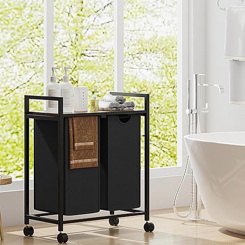 Miniatura 8 de Carrito clasificador de ropa sucia, cesta de lavandería con ruedas, organizador de cesta de lavandería con ruedas, 2 bolsas extraíbles extraíbles