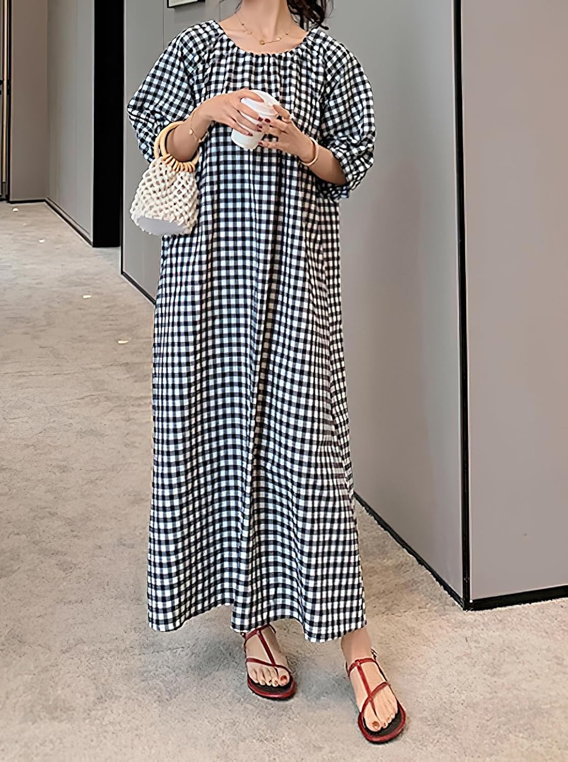 chouyatou Women's Casual Gingham Loose-Fit Swing Dress Cotton Lantern Puff Sleeve Plaid Midi Long Dress - Image 2