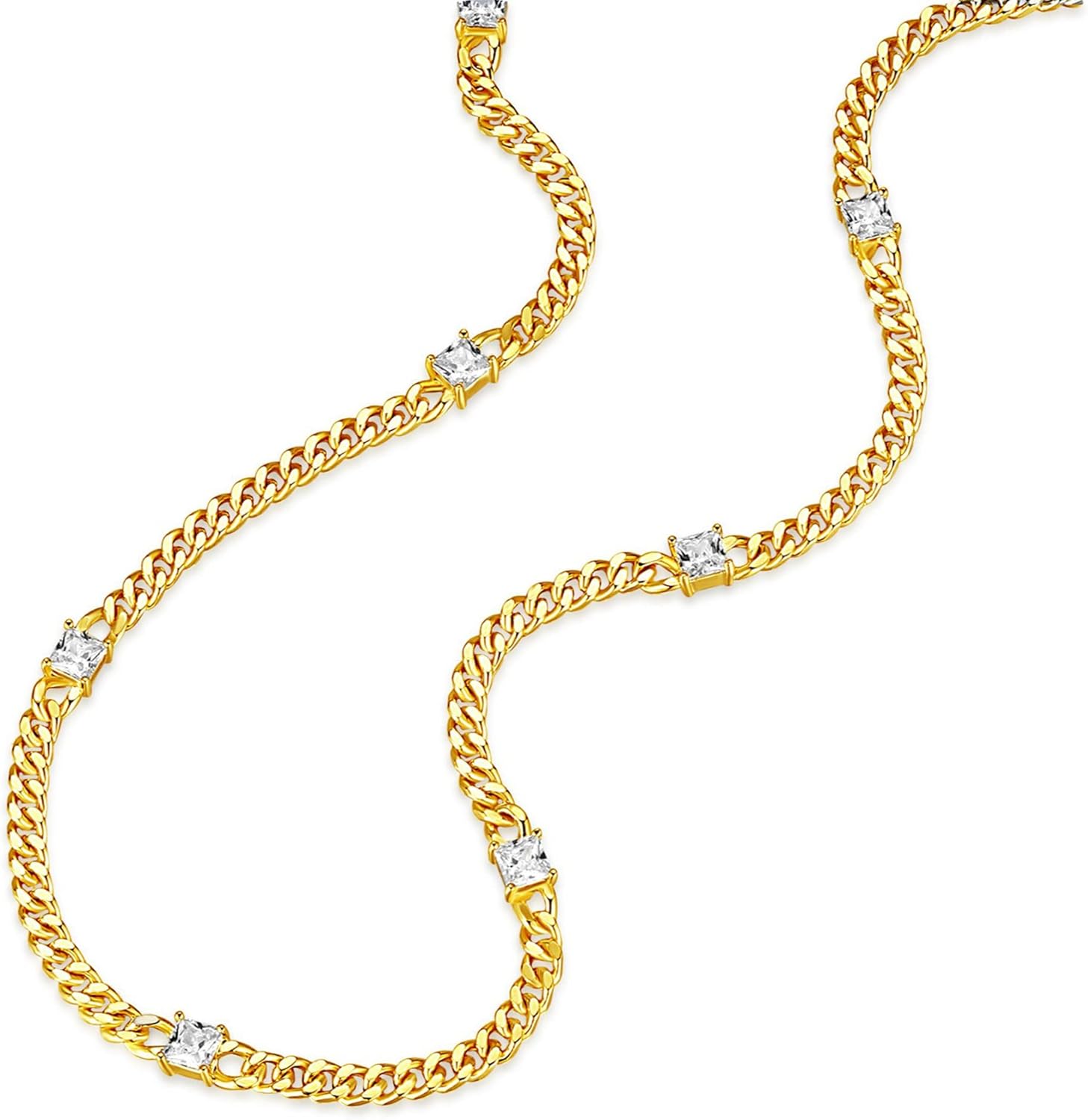 14K Gold Plated Cuban Link Chain Necklace with Baguette Cut Solitaire CZ | 3MM Gold Curb Link Necklace 14''+2'' Extender