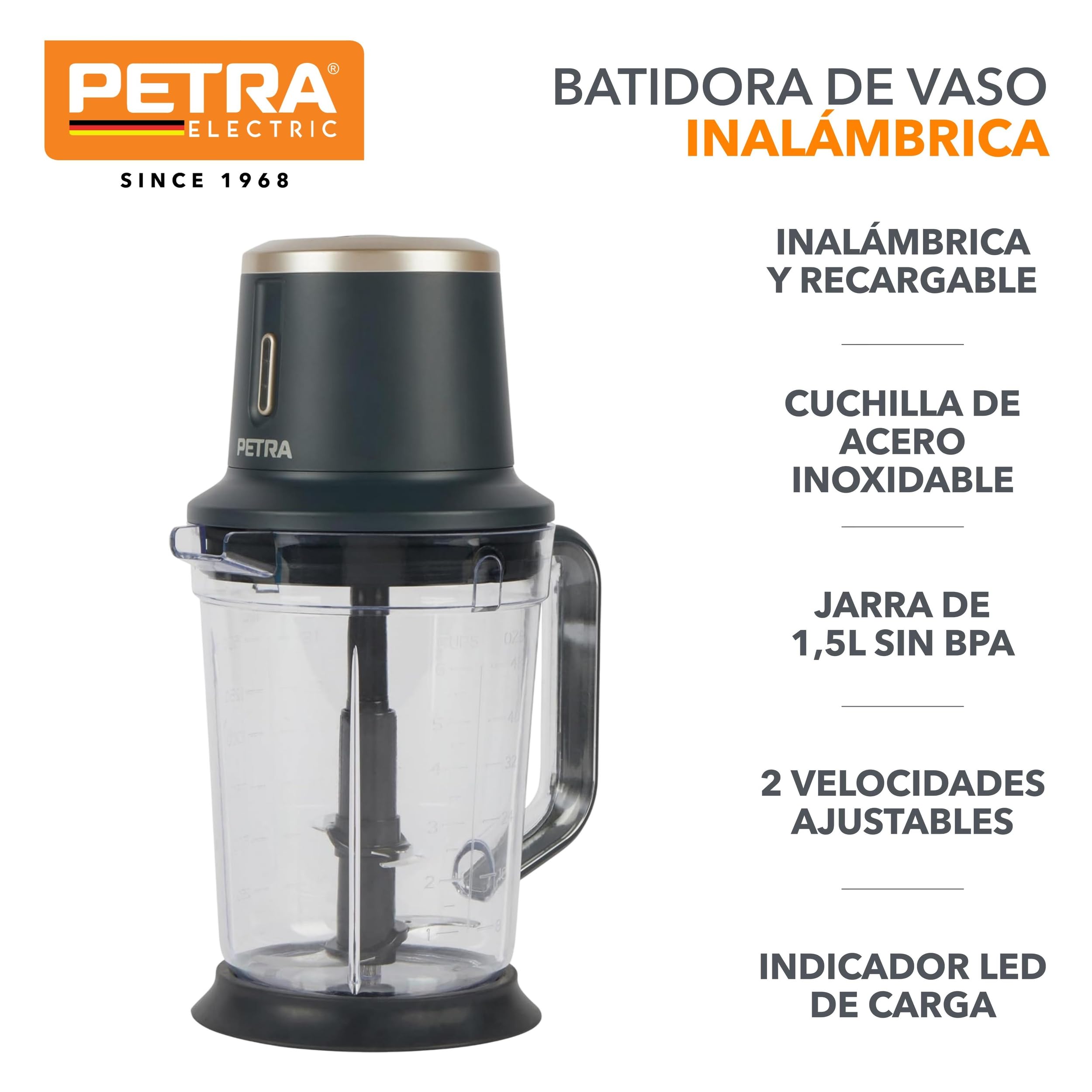 Batidora inalámbrica con jarra Petra PT5393BGRYVDE, recargable, 10,8 V, 2 velocidades, jarra de 1,5 l y tapa sin BPA, cuchilla de acero inoxidable, base antideslizante, indicador LED, ml/l/tazas/oz