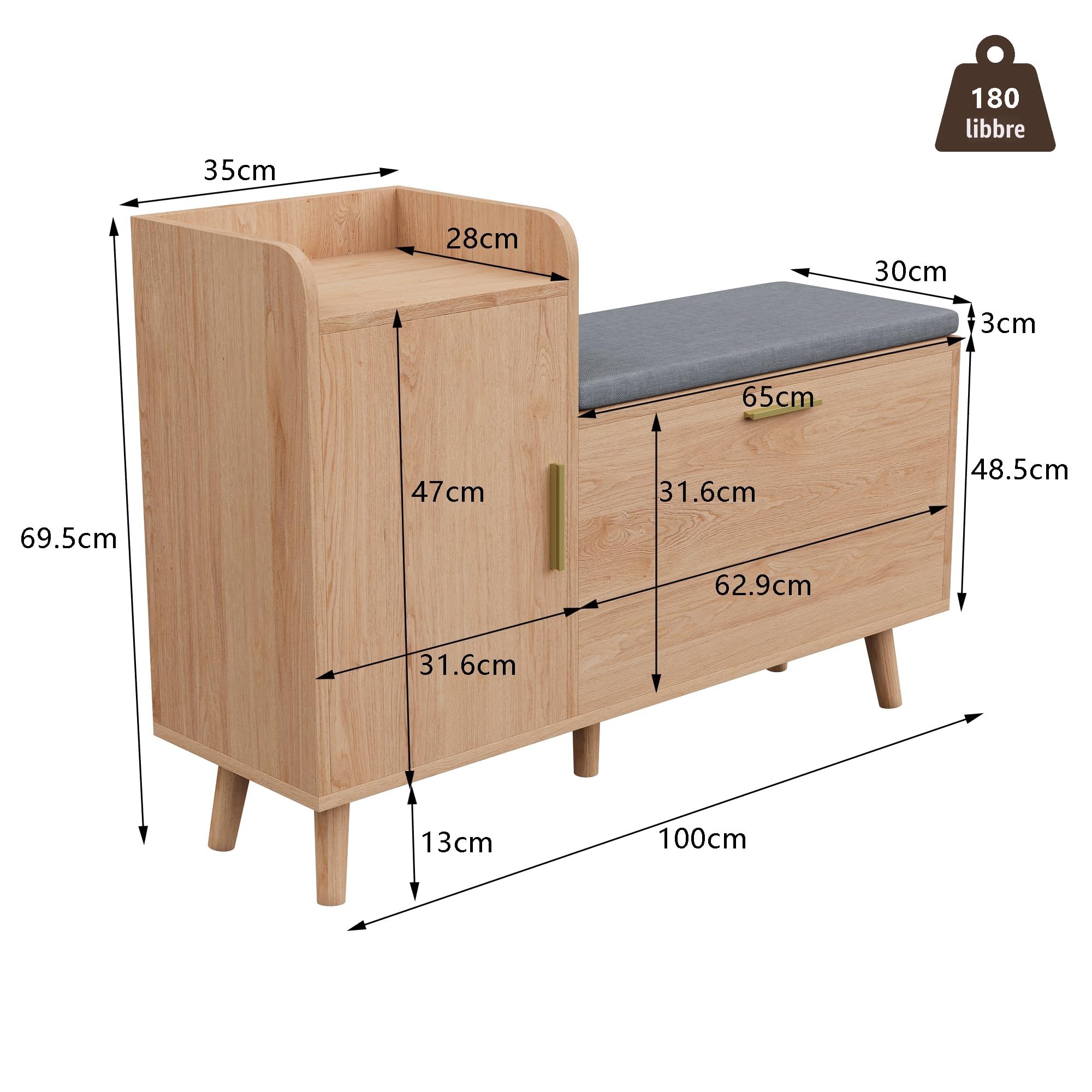 Panca Scarpiera con Contenitore, Scarpiera con seduta e 2 ante, Mobile Scarpieras Salvaspazio in Legno e Tessuto Effetto Lino per ingresso, corridoio, soggiorno, 100x30x69,5cm