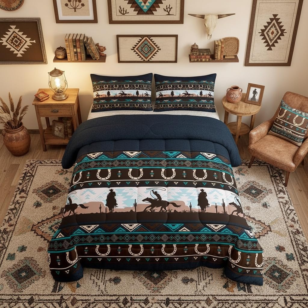 Castle Fairy Bohemian Exotic Dark Blue Bedding Set for Boys Girls,Rustic Farmhouse All Season Cozy Comforter Set Full Size,Western Cowboy Horseshoe Duvet Set Bedroom Decor,Personalized Birthday Gifts