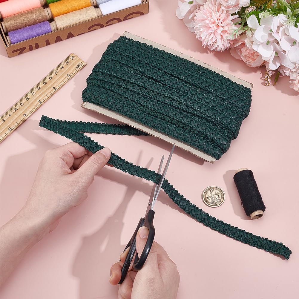 BENECREAT 15 Yards Green Faux Leather Braid Trim, 1/2Inch Wide Flat Braid Strap Trim Lace Ribbon for Home Decor DIY Sewing Craft