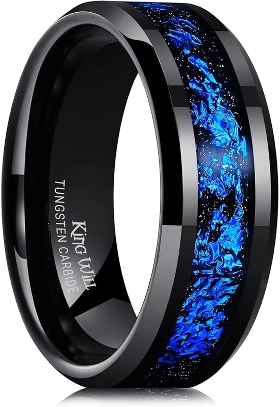 Alianza de boda para hombre con incrustaciones de láminas King Will, negro/plata/oro | Negro, 6 mm/8 mm, borde biselado, ajuste cómodo, anillo Glowstone, uso diario