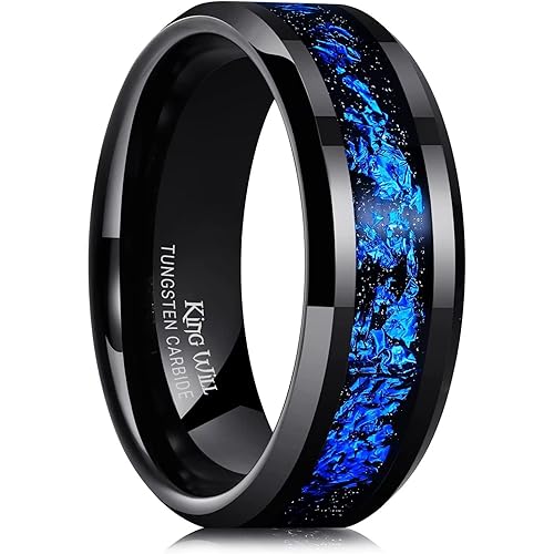 King Will Mens Wedding Band with Foils Inlay, Black/Silver/Gold Beveled Edge Glowstone Ring, 6mm/8mm Tungsten Carbide Rings Comfort Fit