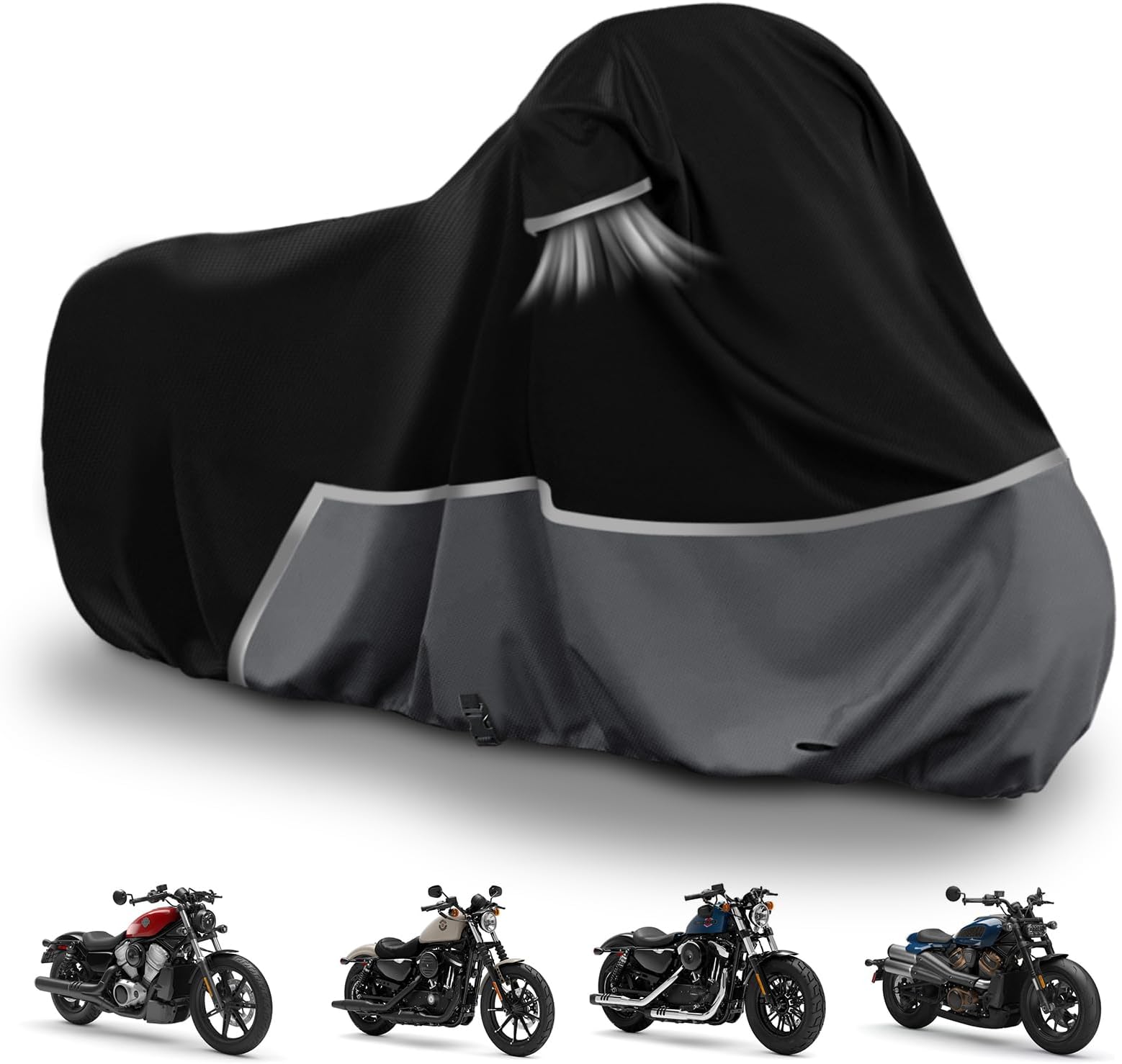 Waterproof Motorcycle Cover Replace for Harley Davidson Sport Models, 420D Oxford Cloth Nightster, Sportster Motorcycle Cover with Reflective Strips for Snow Rain Dust Hail Protection