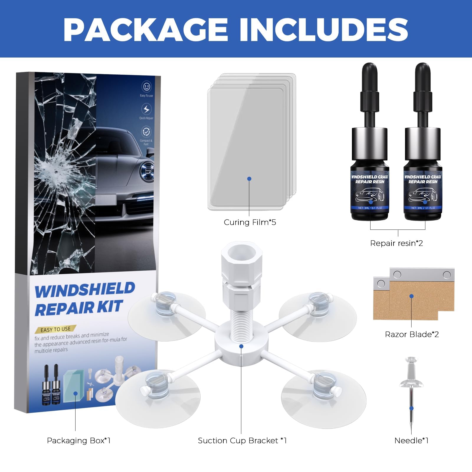 NASILOOP Windshield Repair kit, Quick and Efficiency Glass Repair Fluid, Car Windshield Crack Repair Resin Kit for Fixing Chips, Bulls-Eye, Cracks and Star-Shape Cack-2 Pack — view 7