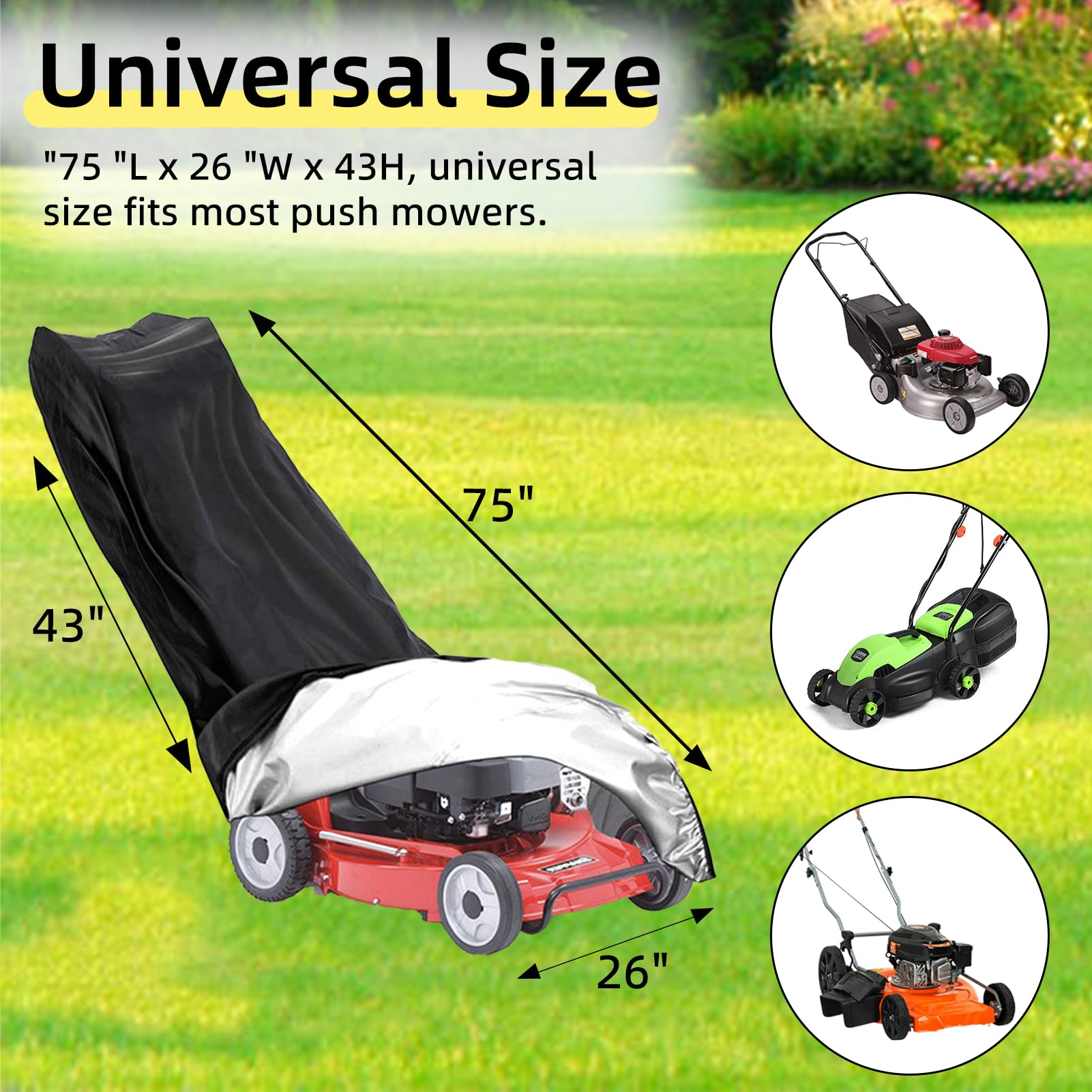 AIBLTAY Push Lawn Mower Cover,Waterproof Heavy Duty Hand Lawnmower Cover,Black Walk-Behind Lawn Mower Tarp with Outdoor Storage Bag,75 x 26 x 43 Inch