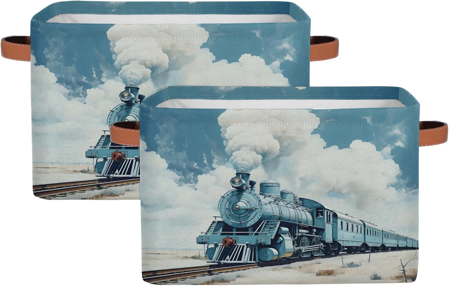 Locomotive Train Rectangle Storage Basket Foldable Storage Bin Cubes with Handles Large Organizer Bins Boxes Toy Closet Shelf Nursery Laundry Basket, 2 Pcs