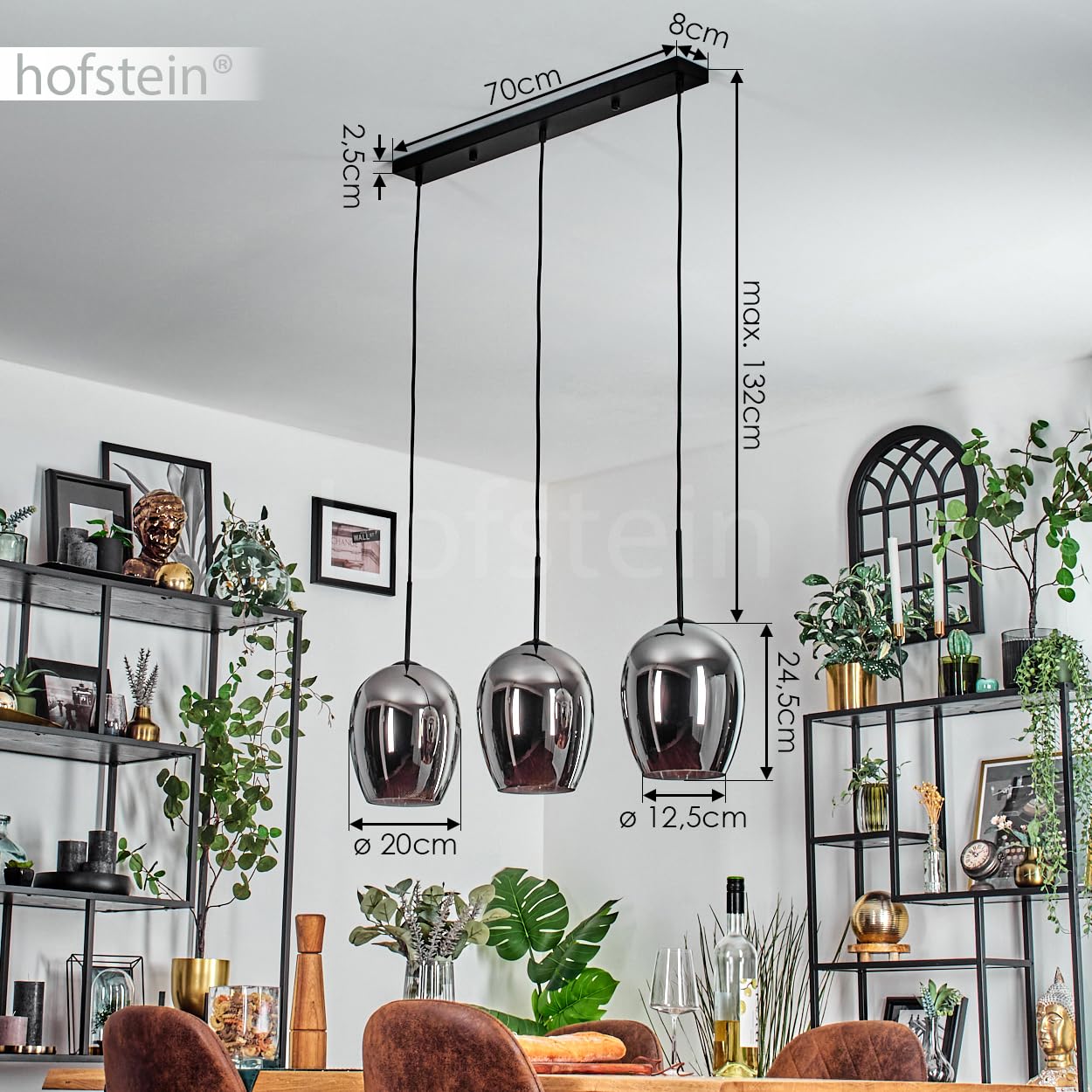 Pendelleuchte Vevino, Pendellampe aus Metall/Glas in Schwarz/Chromfarben, Leuchte im modernen Retro/Vintage-Design mit Schirmen aus Glas (Ø 20 cm), Höhe max. 132 cm, 3 x E27, ohne Leuchtmittel
