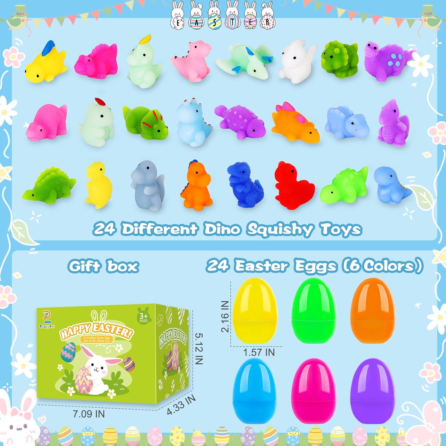 24 Pack Prefilled Easter Eggs with Squishy Dinosaur Toys inside for Kids, Easter Basket Stuffers Fillers Mochi Stress Relief Toys for Easter Hunt, Party Favor, Easter Gifts, Classroom Prizes