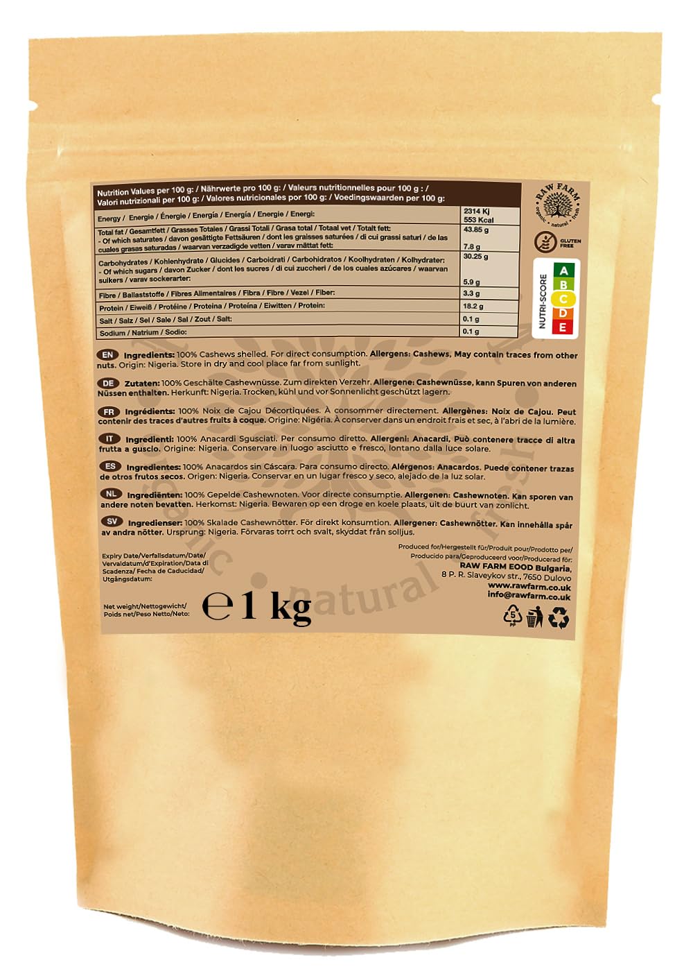 Raw Farm – Anacardos crudos enteros – 1 kg – sin gluten, sin soja, nueces naturales
