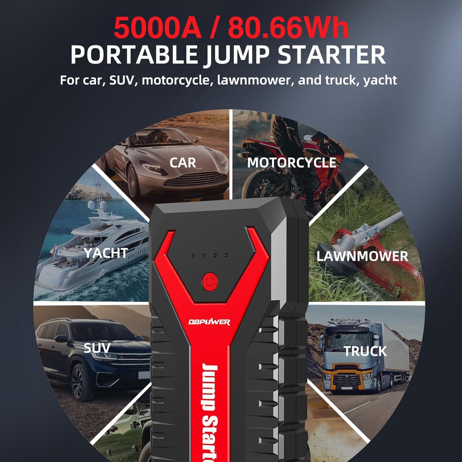 DBPOWER 5000A/80.66Wh Portable Car Jump Starter (UP to 8.0L Gas/6.5L Diesel Engines) 12V Auto Lithium-Ion Battery Booster with Smart Clamp Cables, Quick Charge, and LED, Storage Bag