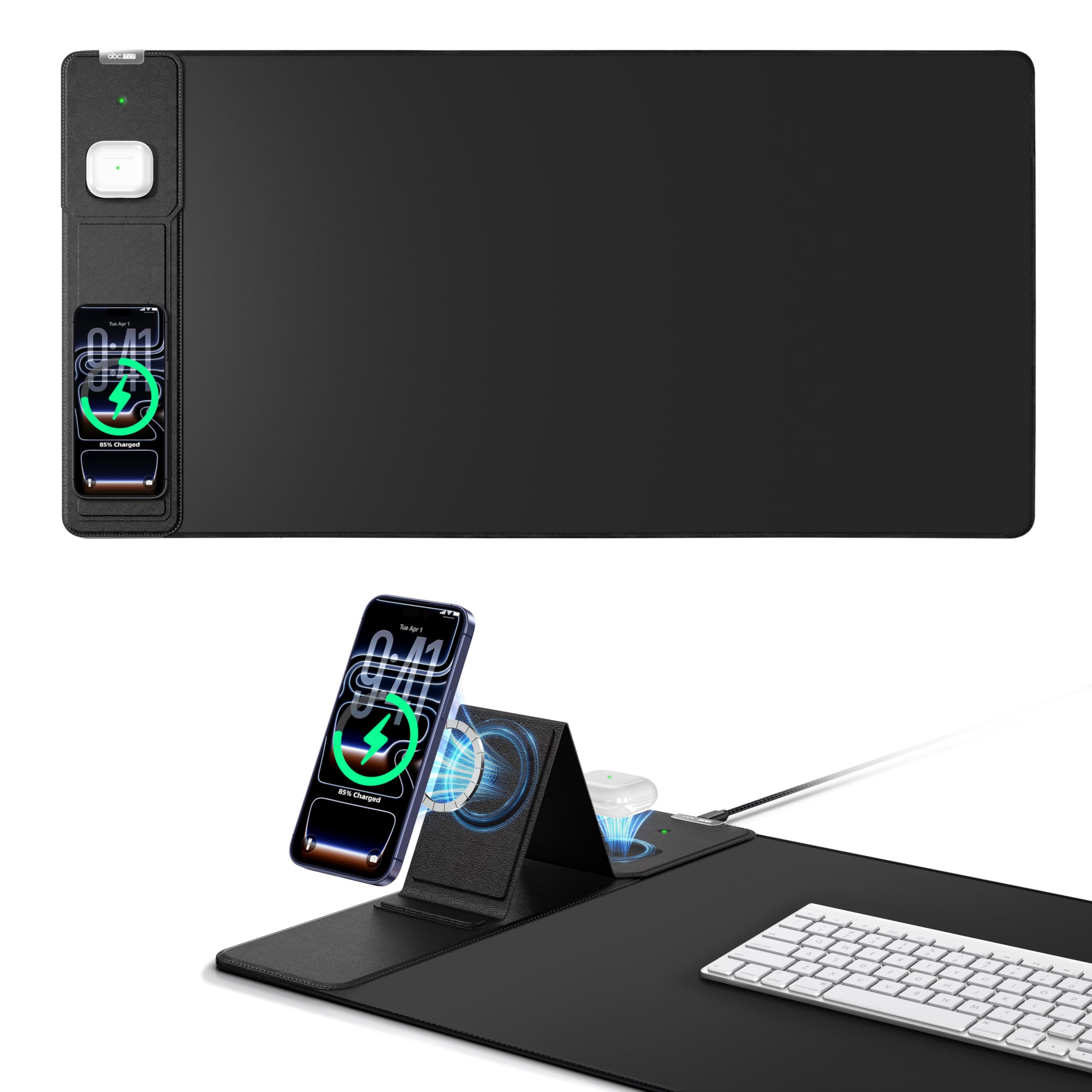 Alfombrilla de mouse con carga inalámbrica magnética y soporte ajustable para teléfono, tapete de escritorio extendido de 31.5 x 15.8 pulgadas, almohadilla de teclado impermeable ultra suave, base