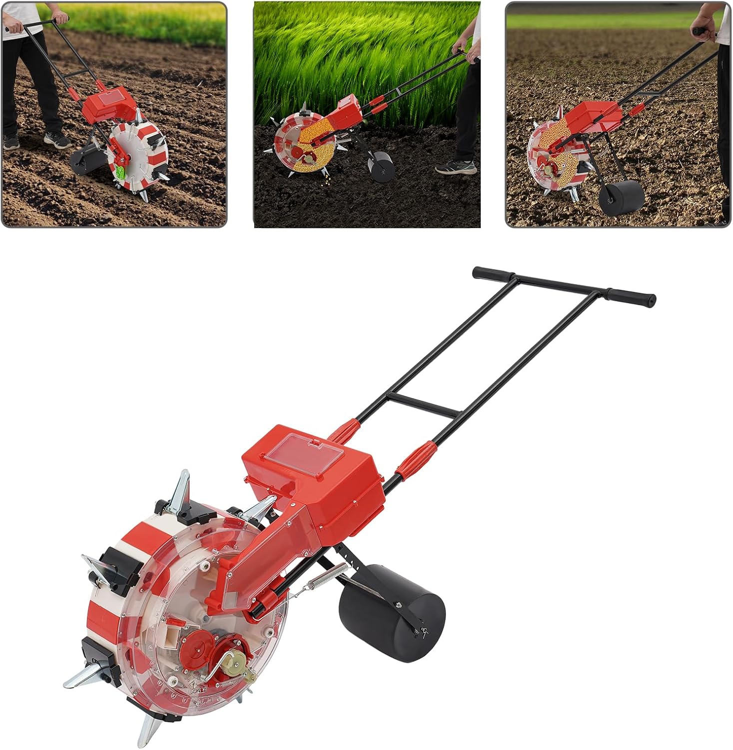 Seed Sower & Fertilizer Applicator, 7 Mouths Garden Push Seeder Planter, Adjustable 8.3lb Capacity Precision Hand Push Seeder 1-2 Seeds Per Hole with 9 Inch Spacing for Corn Soybean Peanut