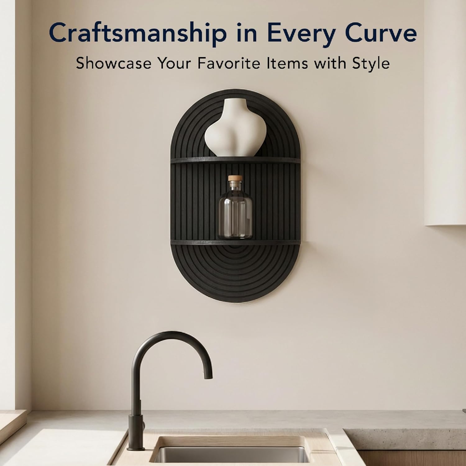 American Art Decor Black Boho Arched Modular Carved Wall Shelf, Wooden 2-Tier Floating Bookshelf for Wall, Fluted Arch Display Shelf for Bedroom Bathroom Kitchen Living Room Decor, 14" x 24"