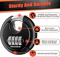 Vista 2 de DELSWIN 4 Digit Combination Disc Padlock with Hardened Steel Shackle Combo Lock for Sheds, Storage Unit, School Gym Locker and Fence (Black,1Pcs)