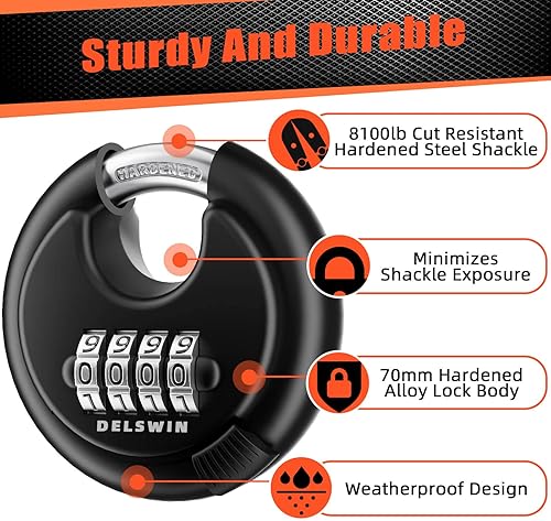Miniatura 2 de Cerradura de disco de combinación de 4 dígitos con grillete de acero endurecido, cerradura plateada para cobertizos, área de almacenamiento,