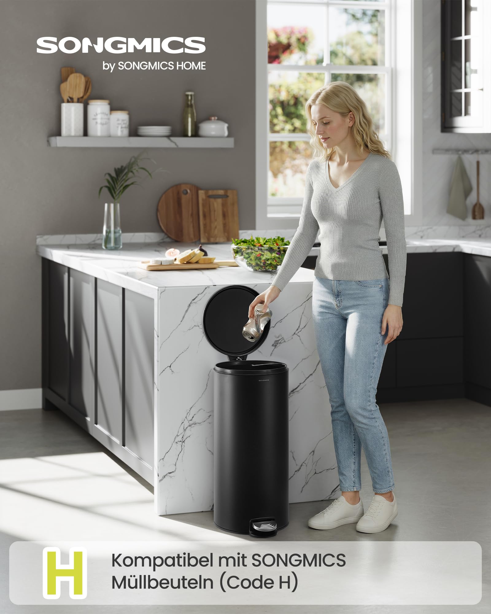 SONGMICS Mülleimer Küche, rund, Abfalleimer, 15 Müllbeutel, Tretmülleimer mit Metall-Pedal, herausnehmbarer Inneneimer aus Kunststoff, Griff, Softclose-Deckel, Stahl, 30 L, tintenschwarz LTB031BZ02
