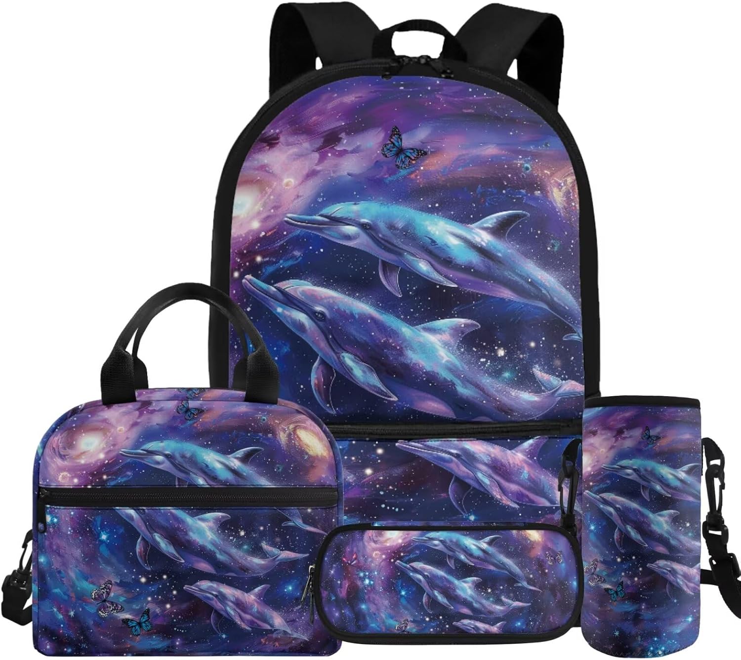 HUGS IDEA Galaxy Dolphin School Backpack for Girls 8-10 Kids Backpack and Lunchbox for Girls School Bag Set Lightweight Middle School Backpacks for Girls 17 Inch Laptop Backpack for Teen Girls