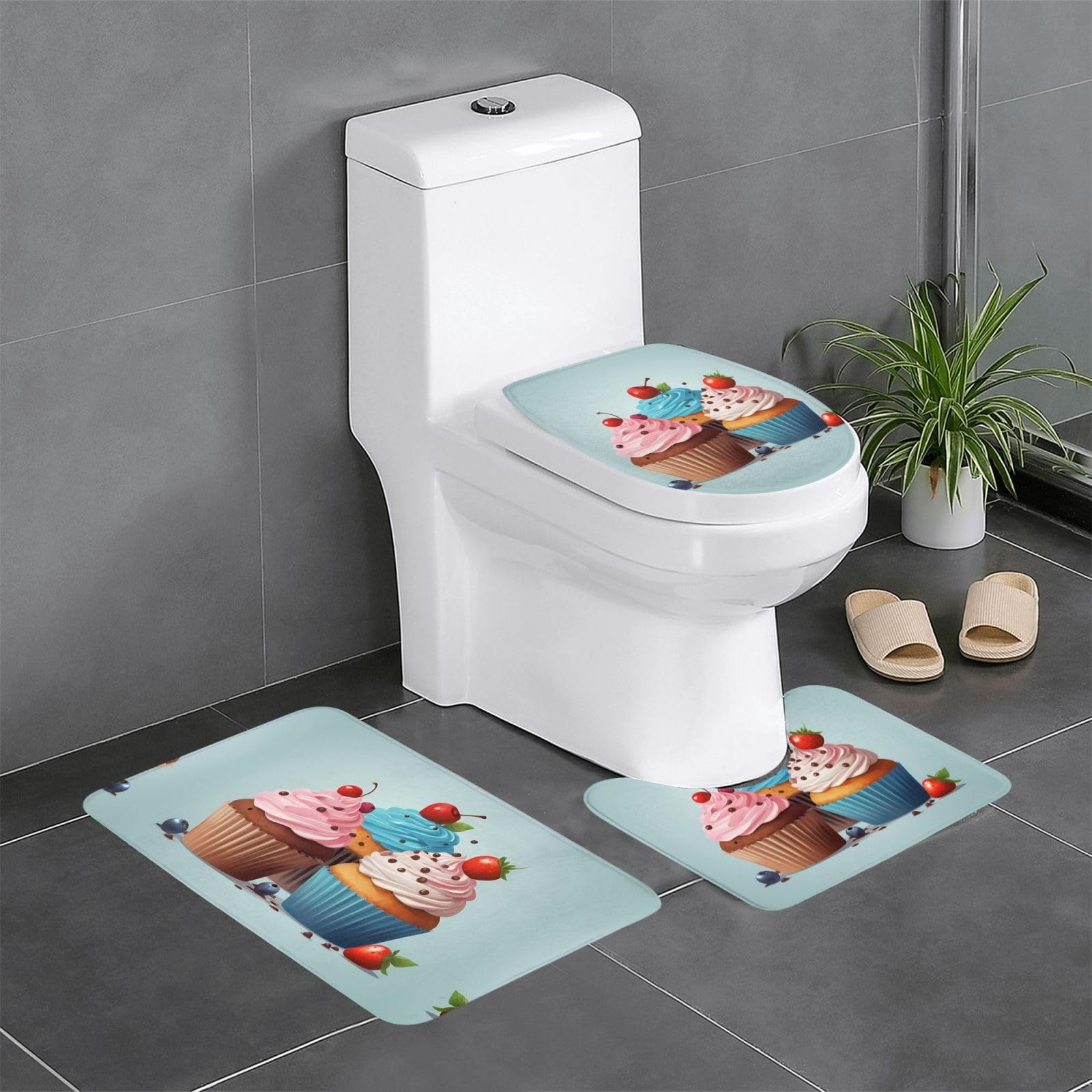 Tapis de salle de bain cupcakes anti-froid lot de 3 pour sol de WC et toilette