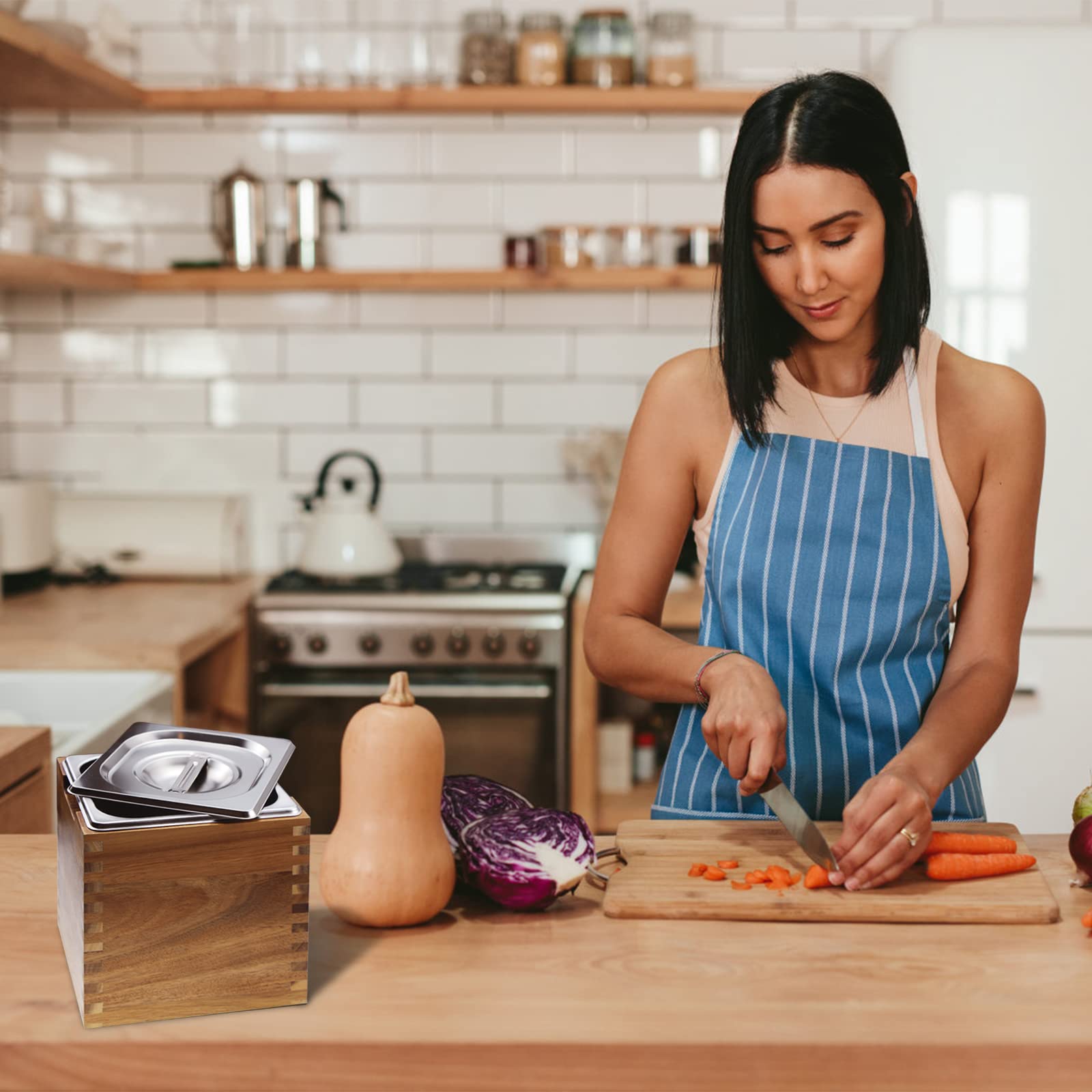 Bac à Compost de Cuisine avec Couvercle et boîte en Bois d'acacia, récipient à Compost de Cuisine Anti-odeurs, bac à Compost d'intérieur en Acier Inoxydable